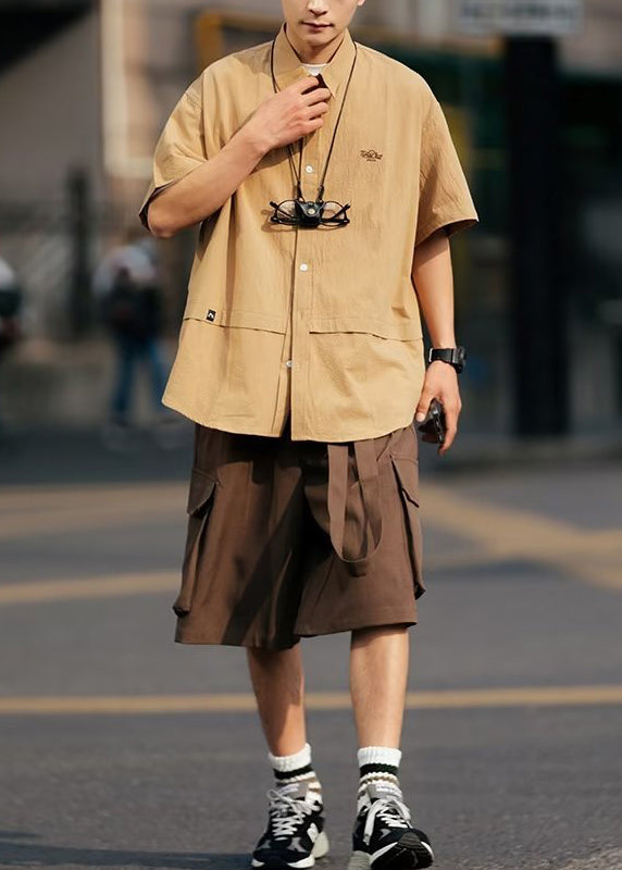 Khaki Button Shirts and Coffee Shorts Cotton Two Pieces Set Summer