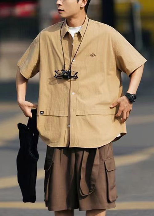 Khaki Button Shirts and Coffee Shorts Cotton Two Pieces Set Summer