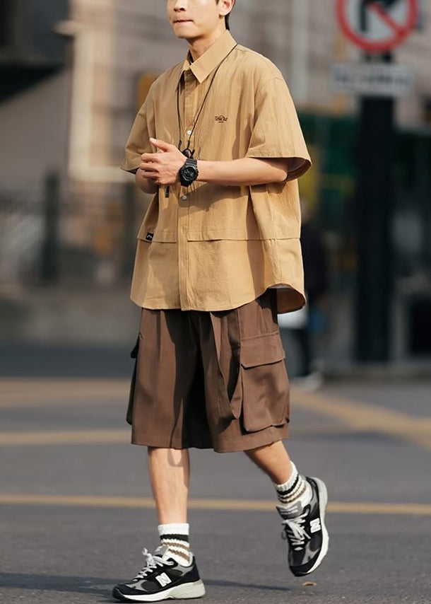 Khaki Button Shirts and Coffee Shorts Cotton Two Pieces Set Summer