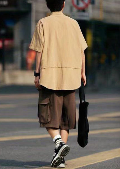 Khaki Button Shirts and Coffee Shorts Cotton Two Pieces Set Summer