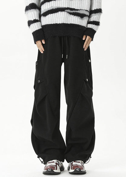 Khaki Cinched Elastic Waist Cotton Beam Pants Spring