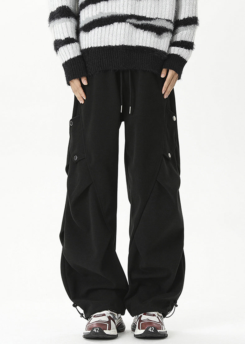 Khaki Cinched Elastic Waist Cotton Beam Pants Spring