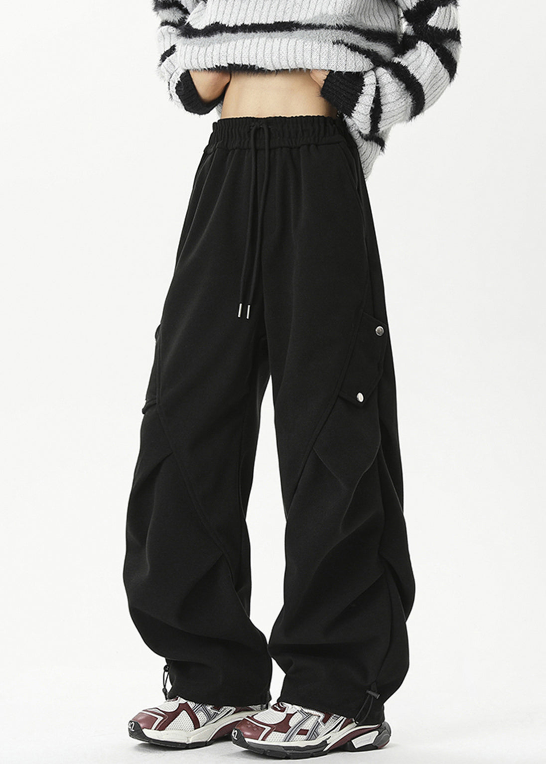 Khaki Cinched Elastic Waist Cotton Beam Pants Spring
