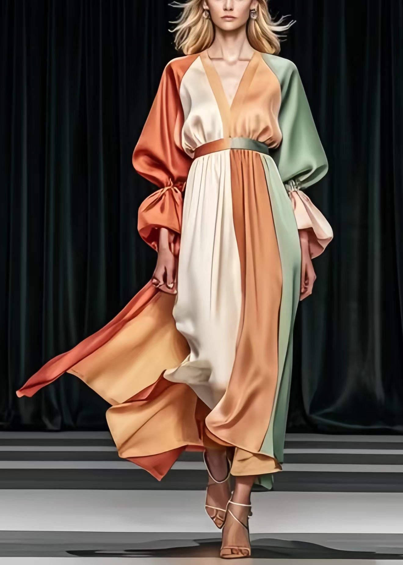 Khaki Cinched Patchwork Silk Vestidos Dress Spring