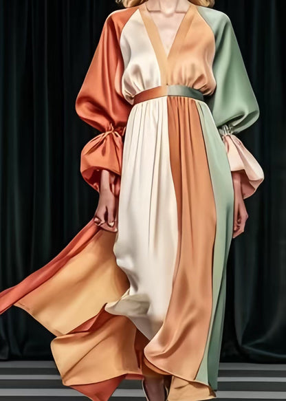 Khaki Cinched Patchwork Silk Vestidos Dress Spring