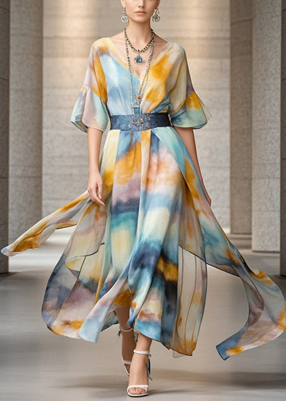 Khaki Cinched Tie Dye Chiffon Vacation Dresses Summer