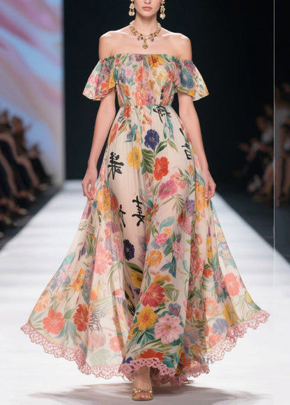 Khaki Cold Shoulder Print Chiffon Beach Dresses Summer