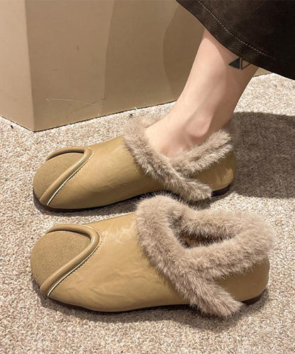 Khaki Comfy Splicing Flat Feet Shoes Fuzzy Wool Lined
