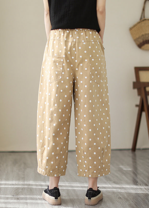 Khaki Dot Pockets Elastic Waist Cotton Crop Pants Fall