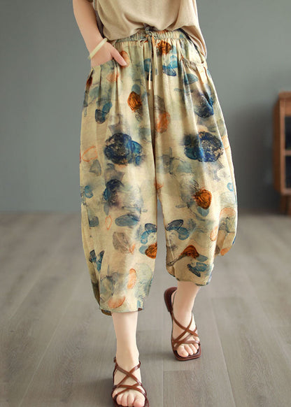 Khaki Elastic Waist Pockets Print Patchwork Cotton Lantern Pants Summer