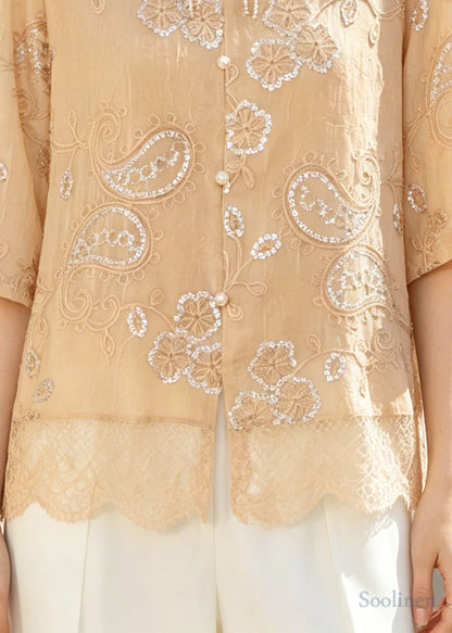 Khaki Embroidered Patchwork Lace Tops Summer