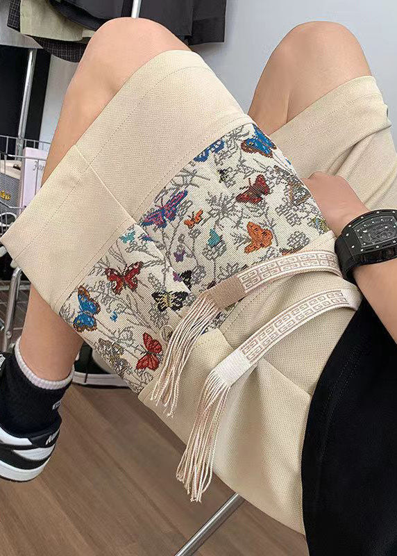 Khaki Embroideried Elastic Waist Cotton Shorts Summer
