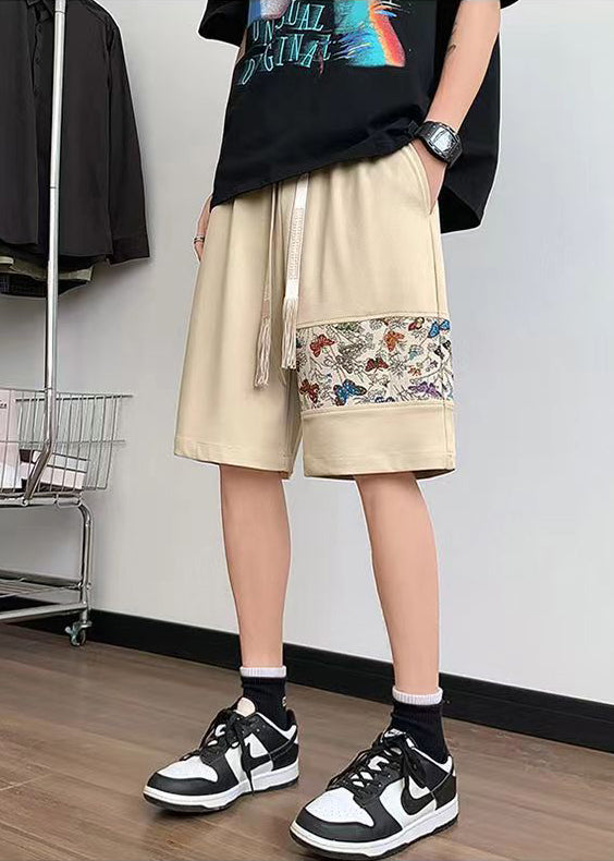 Khaki Embroideried Elastic Waist Cotton Shorts Summer
