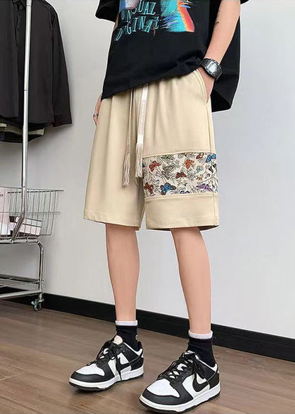 Khaki Embroideried Elastic Waist Cotton Shorts Summer