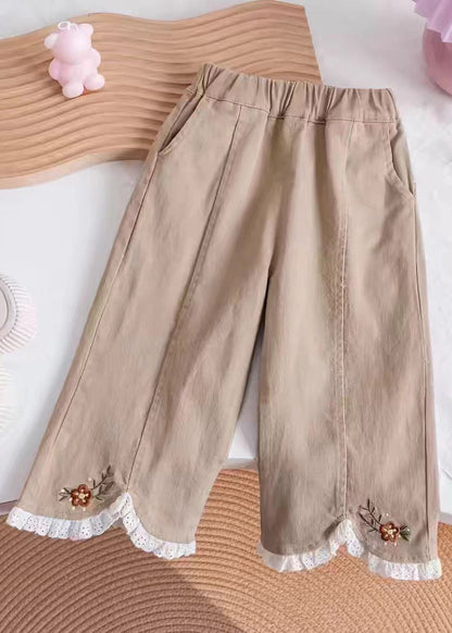 Khaki Embroideried Elastic Waist Kids Pants