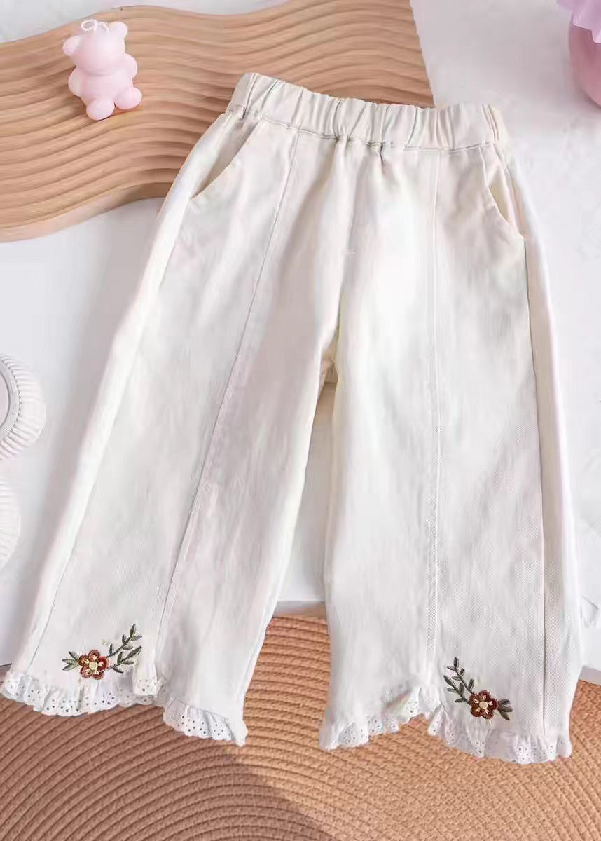 Khaki Embroideried Elastic Waist Kids Pants