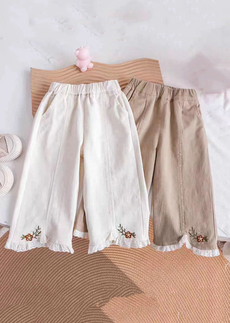 Khaki Embroideried Elastic Waist Kids Pants