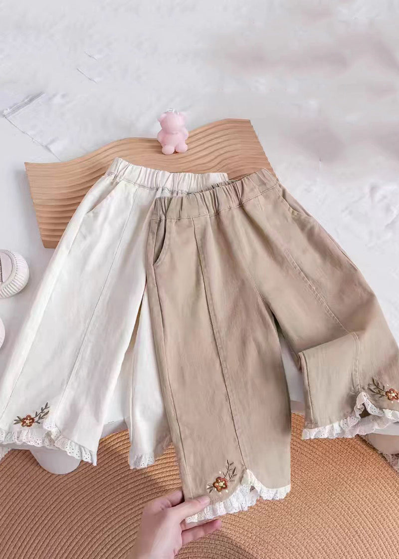 Khaki Embroideried Elastic Waist Kids Pants