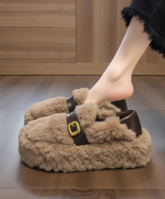 Khaki Fuzzy Fur Fluffy Splicing Platform Flat Shoes