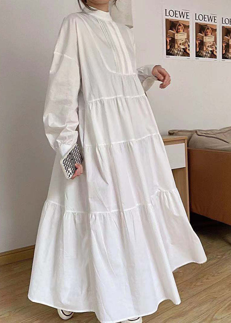 Khaki Hign Neck Patchwork Wrinkled Cotton Long Dress Spring