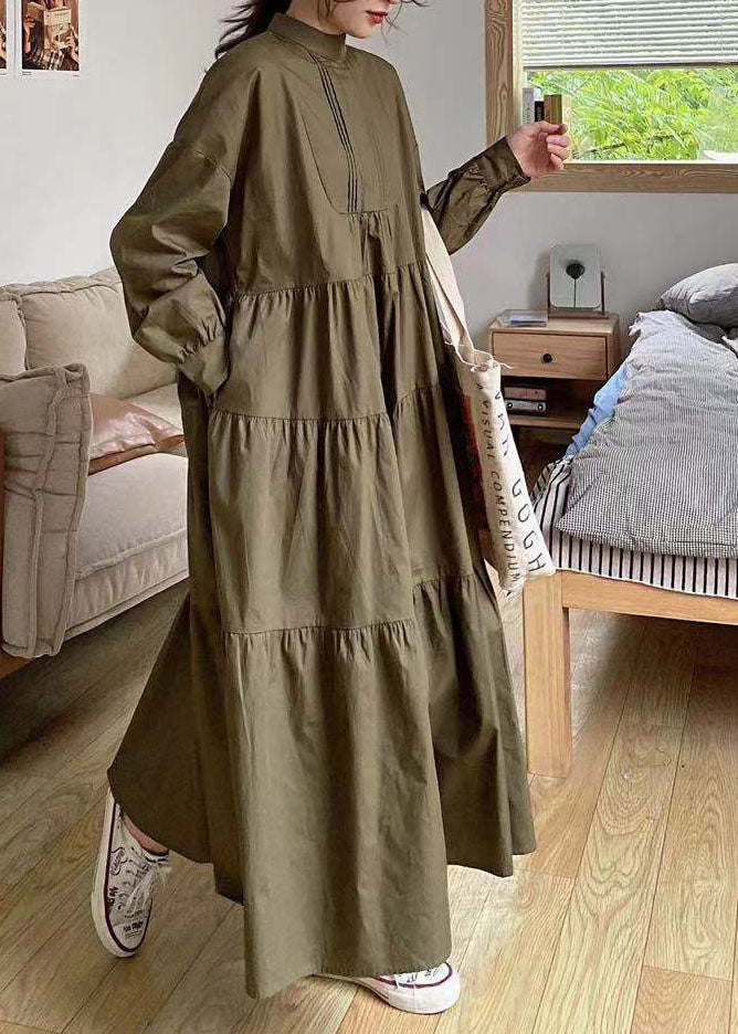 Khaki Hign Neck Patchwork Wrinkled Cotton Long Dress Spring