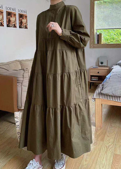 Khaki Hign Neck Patchwork Wrinkled Cotton Long Dress Spring