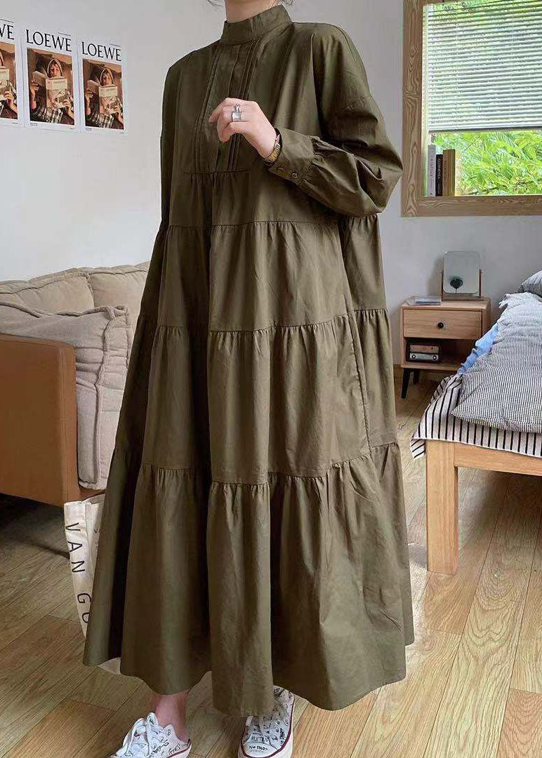 Khaki Hign Neck Patchwork Wrinkled Cotton Long Dress Spring