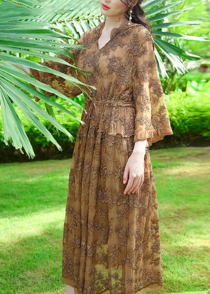 Khaki Hooded Embroideried Silk Cinched Dress Summer