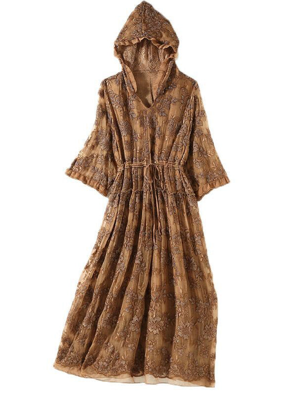 Khaki Hooded Embroideried Silk Cinched Dress Summer