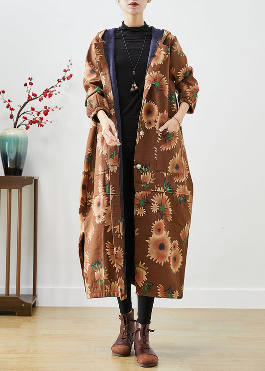 Khaki Hooded Print Warm Fleece Coats Winter