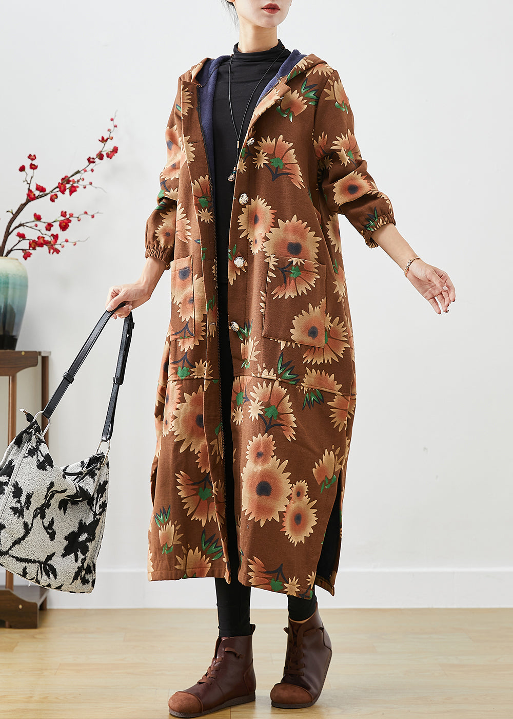 Khaki Hooded Print Warm Fleece Coats Winter