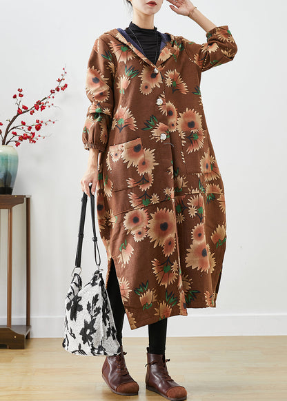 Khaki Hooded Print Warm Fleece Coats Winter