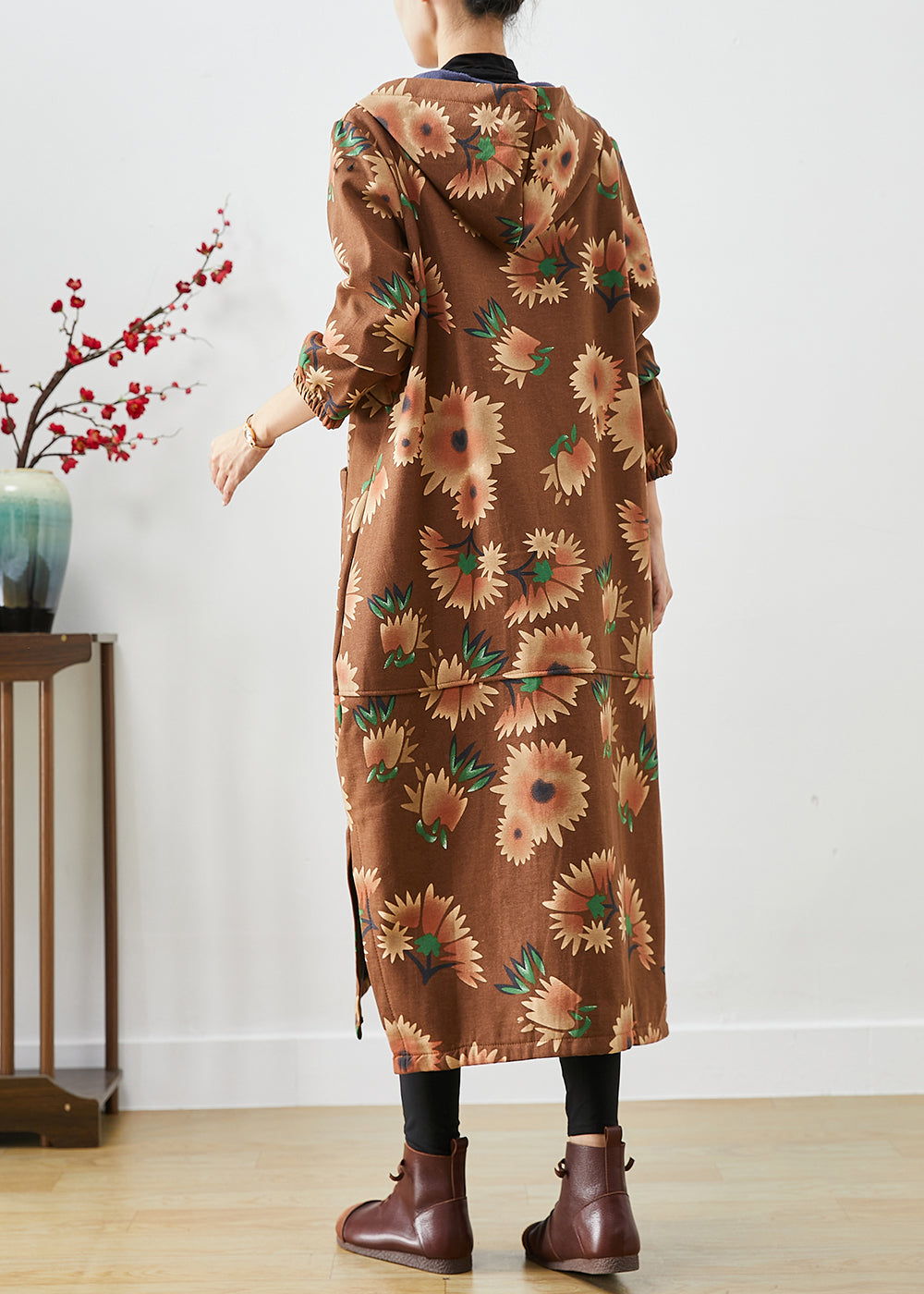 Khaki Hooded Print Warm Fleece Coats Winter