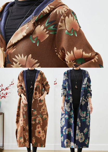 Khaki Hooded Print Warm Fleece Coats Winter