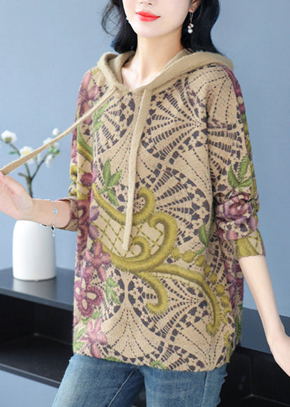 Khaki Hooded Print Woolen Knit Pullover Spring