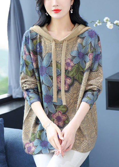 Khaki Hooded Print Woolen Knit Pullover Spring