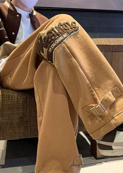 Khaki Letter Elastic Waist Warm Fleece Pants Spring