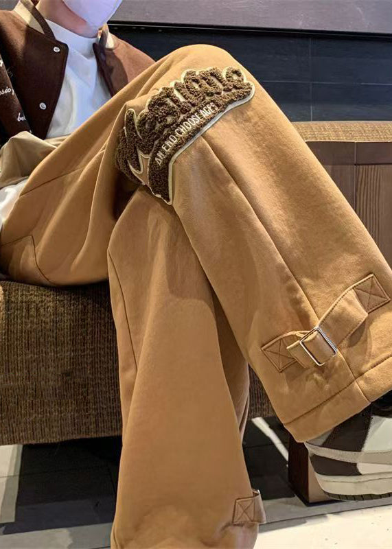 Khaki Letter Elastic Waist Warm Fleece Pants Spring