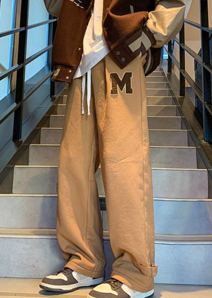 Khaki Letter Elastic Waist Warm Fleece Pants Spring