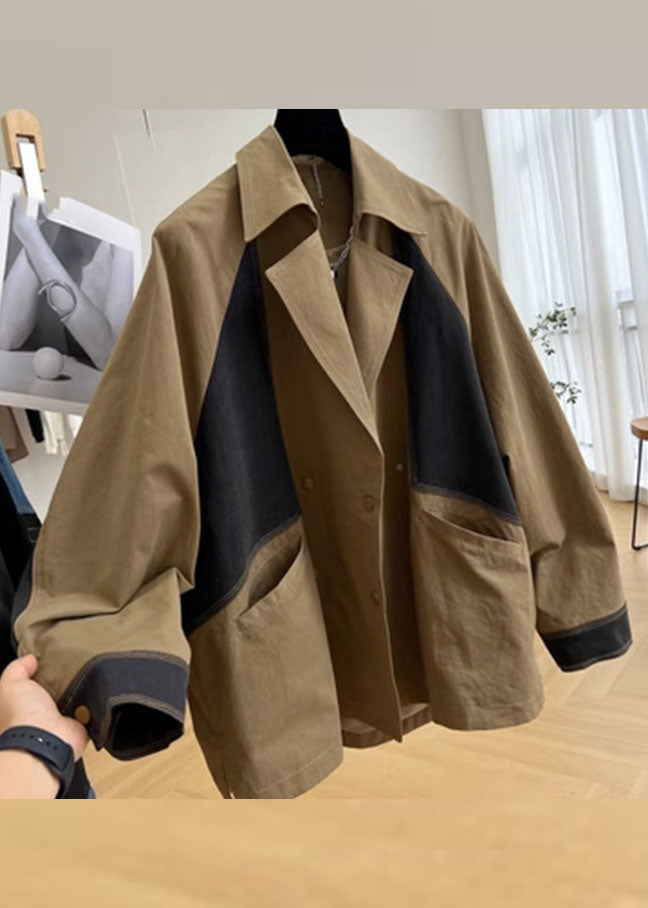 Khaki Notched Pockets Patchwork Button Coat Long Sleeve