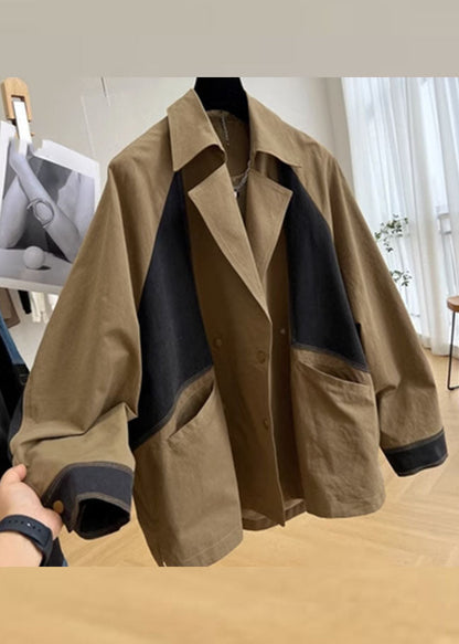 Khaki Notched Pockets Patchwork Button Coat Long Sleeve