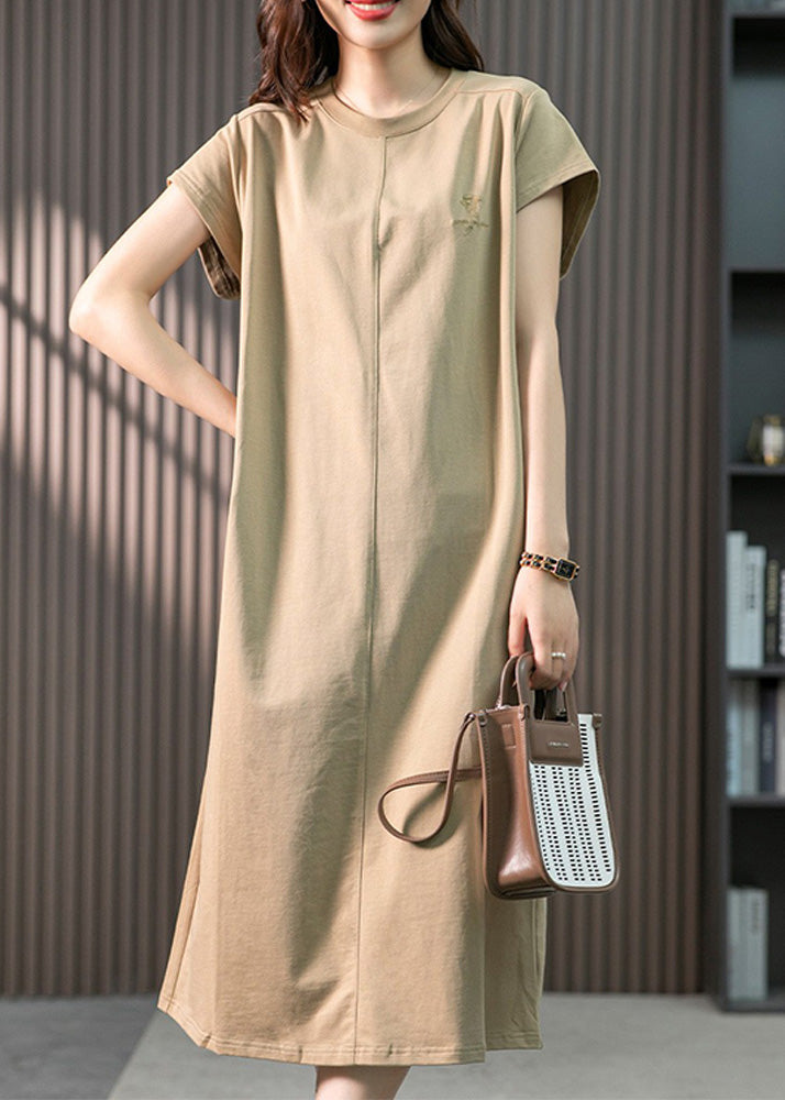 Khaki O-neck Embroideried Cozy Cotton Maxi Dresses Short Sleeve