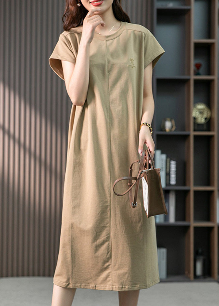 Khaki O-neck Embroideried Cozy Cotton Maxi Dresses Short Sleeve