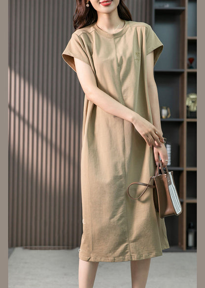 Khaki O-neck Embroideried Cozy Cotton Maxi Dresses Short Sleeve