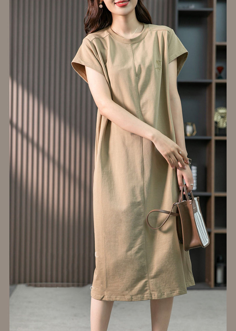Khaki O-neck Embroideried Cozy Cotton Maxi Dresses Short Sleeve