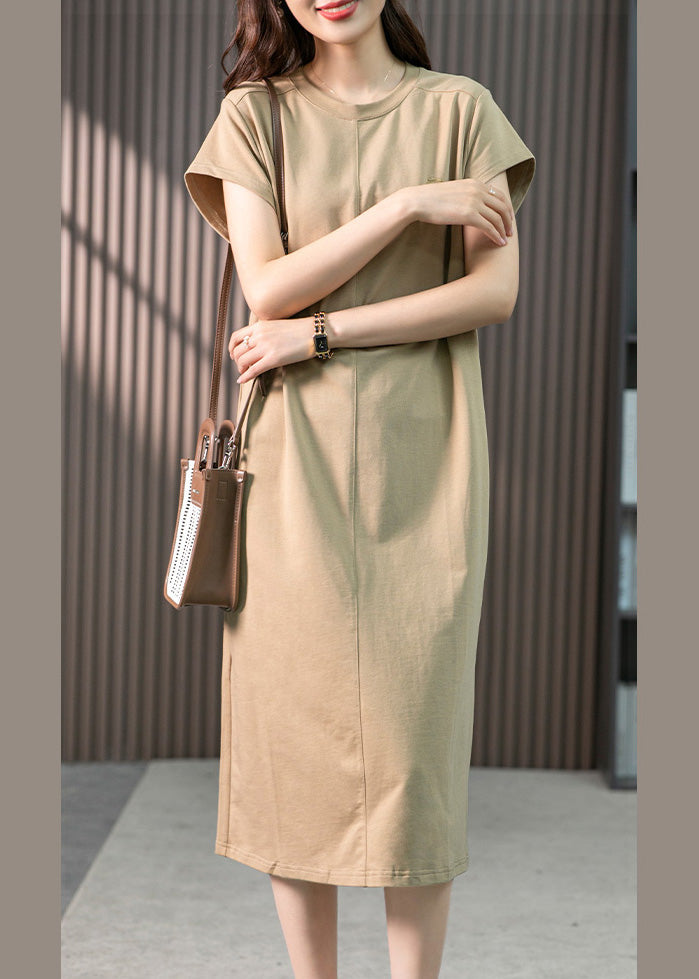 Khaki O-neck Embroideried Cozy Cotton Maxi Dresses Short Sleeve