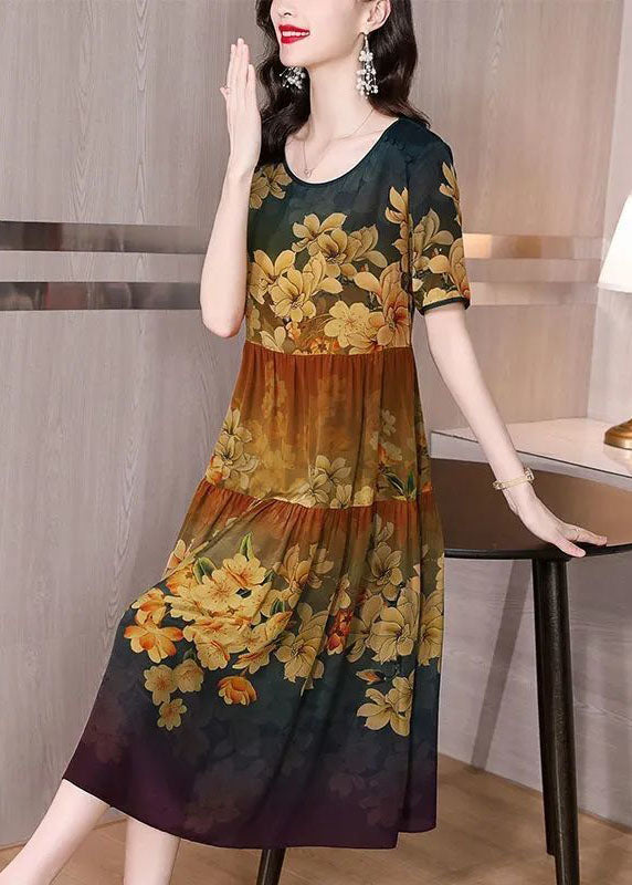 Khaki O-neck Patchwork Print Silk Long Dress Summer