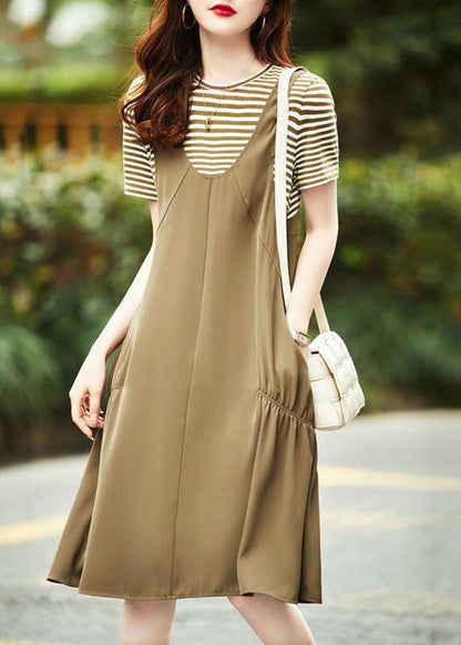 Khaki O Neck Pockets Patchwork Cotton Dresses Summer