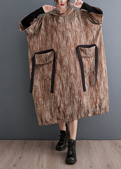 Khaki Oversized Big Pockets Cotton Long Dress Spring