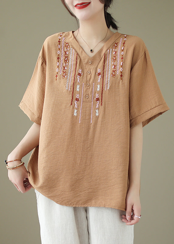 Khaki Oversized Embroideried Cotton Blouse Tops Summer